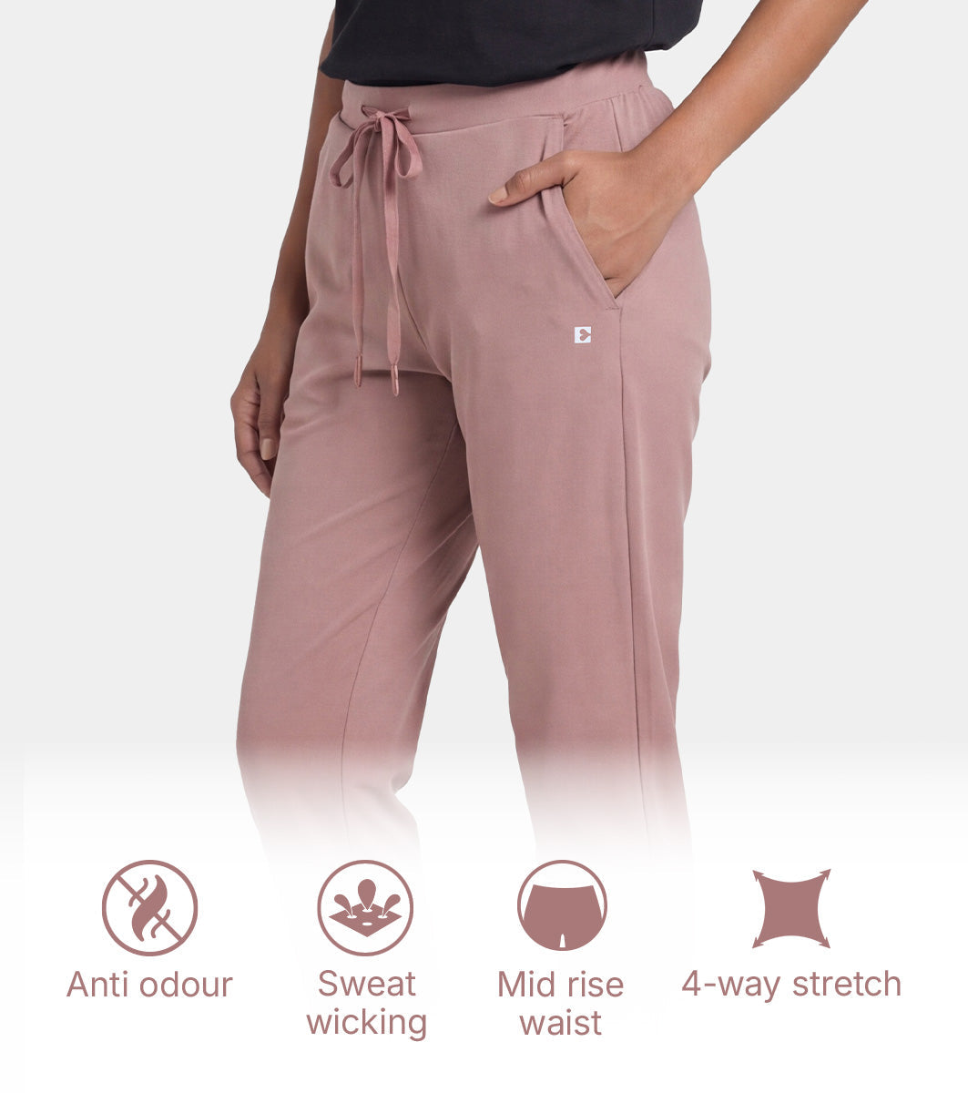 Enamor Mid Rise 7/8th length Drawstring Closure Travel Pants For Women - Relaxed Fit, Quick Dry, Antimicrobial - E068 (Twilight Mauve)