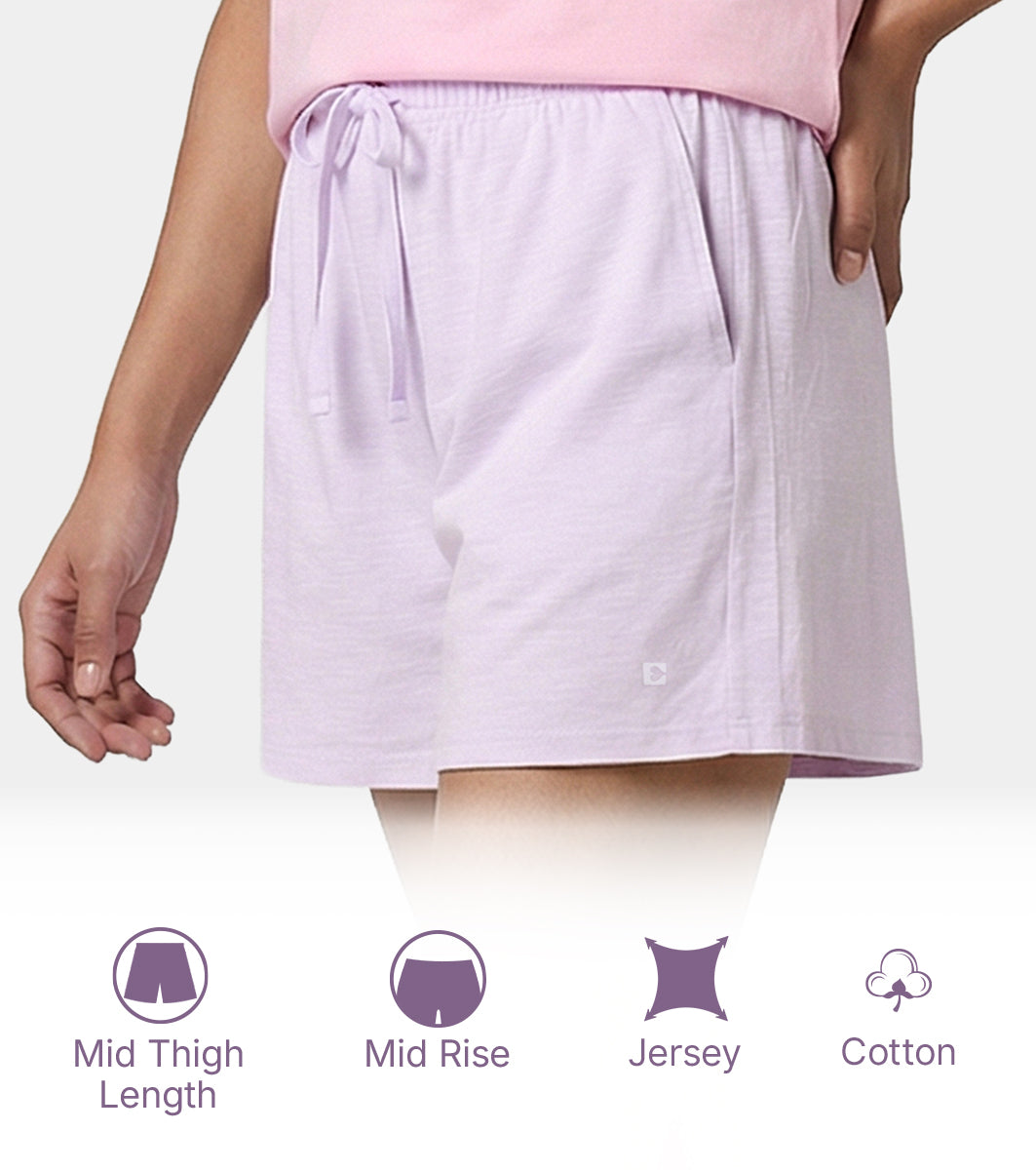 Enamor Drawstring Mid Thigh Length Mid Rise Basic Shorts - Relaxed Fit, Super Soft Cotton - E062 (Lavender Fog)