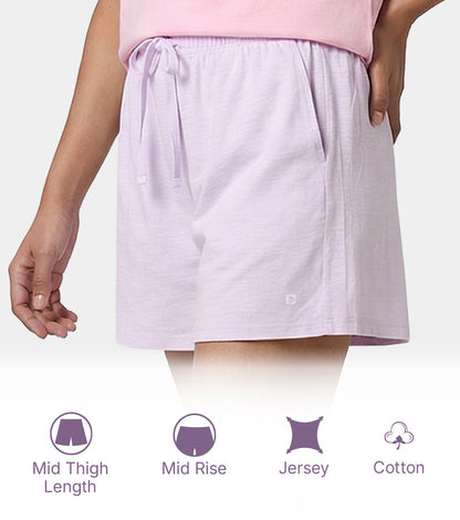 Enamor Drawstring Mid Thigh Length Mid Rise Basic Shorts - Relaxed Fit, Super Soft Cotton - E062 (Lavender Fog)