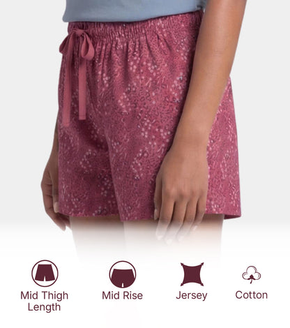 Enamor Drawstring Mid Thigh Length Mid Rise Basic Shorts - Relaxed Fit, Super Soft Cotton - E062 (Pink Animal Print)