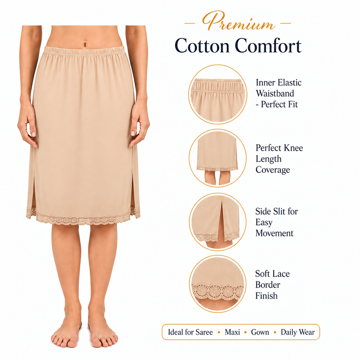 MYBODY Women's Cotton Mini Knee Length Under Skirt Half Slip Cotton Knit Mid Rise Elastic Waistband Side Slits for Movement