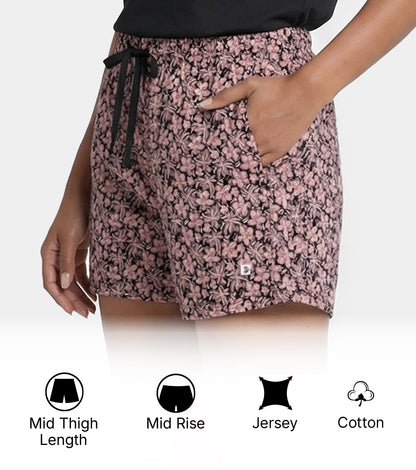 Enamor Drawstring Mid Thigh Length Mid Rise Basic Shorts - Relaxed Fit, Super Soft Cotton - E062 (Coastal Print)