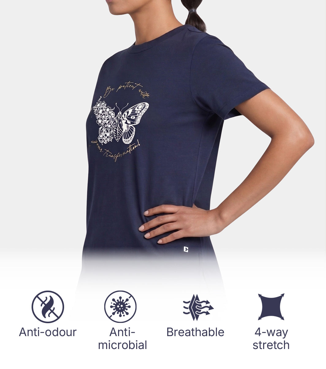 Enamor Short Sleeve Crew Neck Regular Length Cotton Active T-Shirt for Women - Relaxed Fit, Super Soft, Anti-Odour - A301 (Navy/Transformation Graphic)