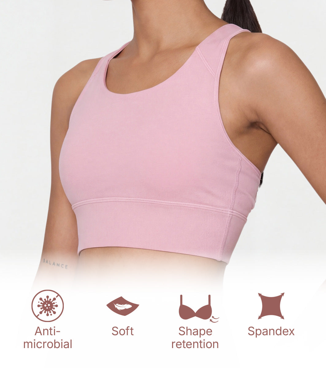 Enamor Wide Straps Seamed T-back Basic Workout Sports Bra - Quick Dry, Antimicrobial, Removable Padding, Non-Wired, Full Coverage - A202 (Pink Nectar)