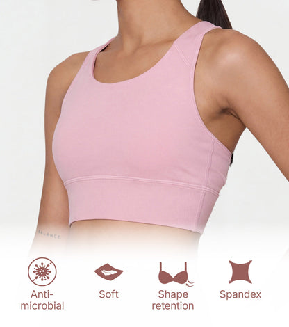 Enamor Wide Straps Seamed T-back Basic Workout Sports Bra - Quick Dry, Antimicrobial, Removable Padding, Non-Wired, Full Coverage - A202 (Pink Nectar)