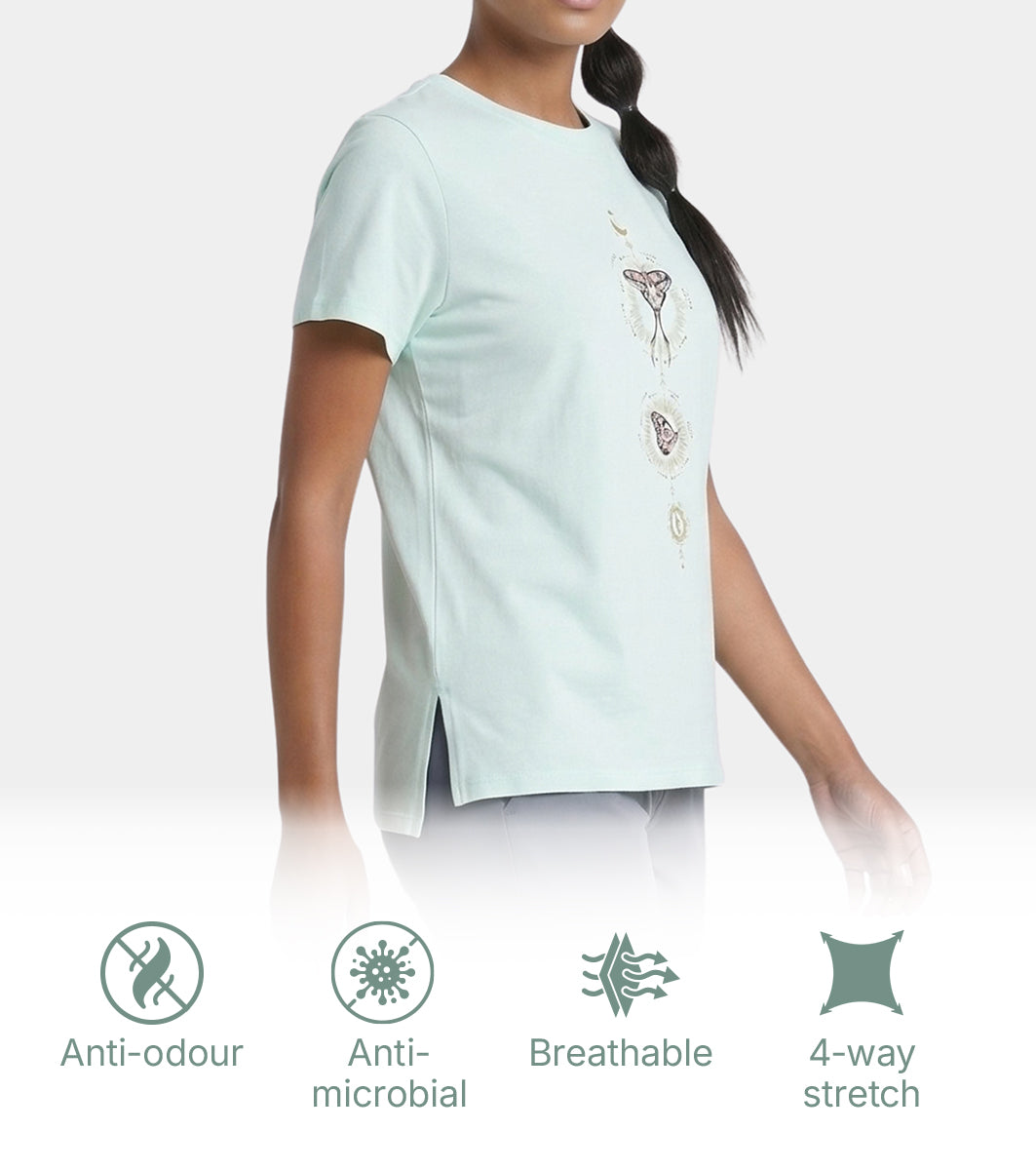 Enamor Short Sleeve Crew Neck Regular Length Cotton Active T-Shirt for Women - Relaxed Fit, Super Soft, Anti-Odour - A301 (Dusty Aqua/Vertical Butterfly Graphic)