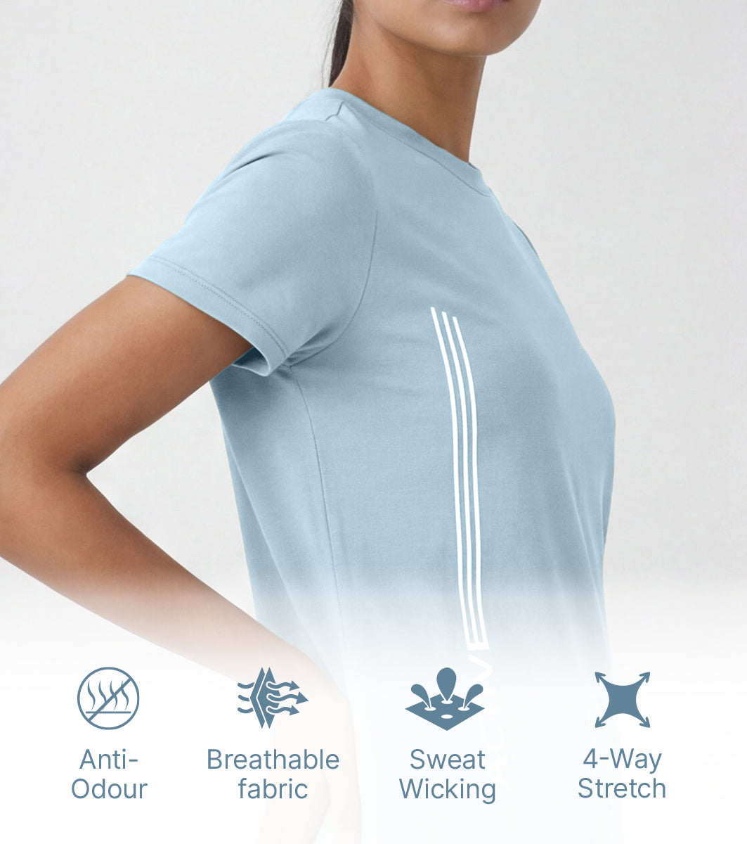 Enamor Short Sleeve Crew Neck Regular Length Basic Dry Fit Workout Crew T-Shirt for Women - Relaxed Fit, Quick Dry, Antimicrobial - A309 (Winter Sky Active Reflective Graphic)