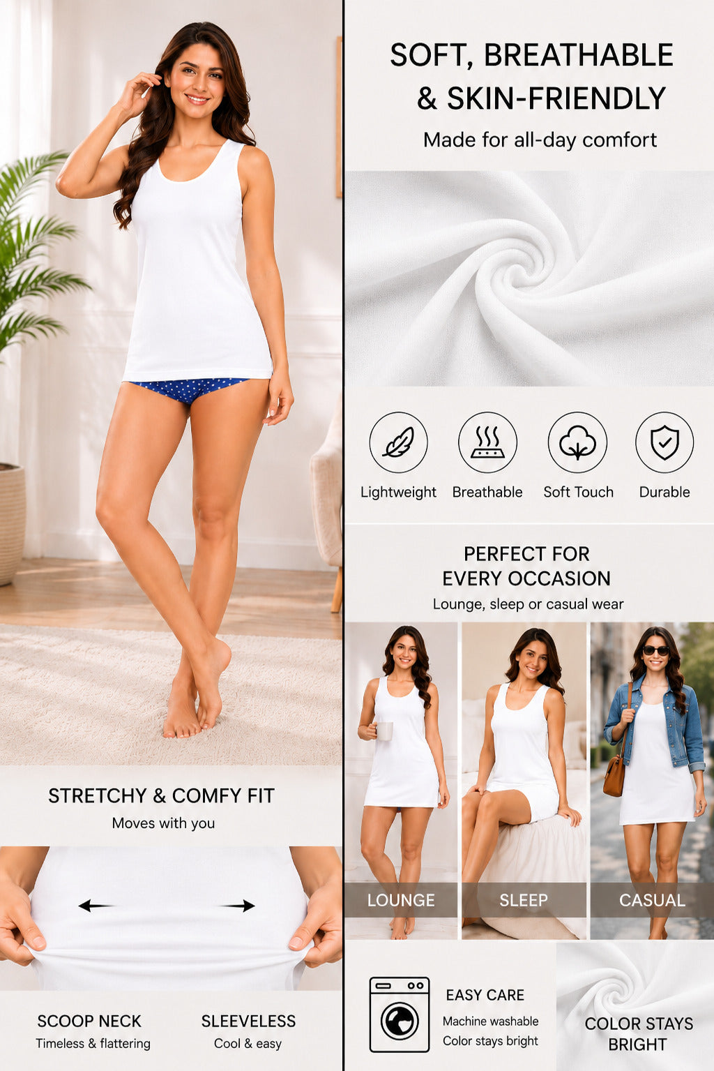 Sania Women’s Cotton Broad Strap Camisole | Soft Breathable Sleeveless Innerwear Tank Top | Stretchable Short Length Camisole for Daily Wear
