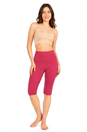 Women’s Cotton Knee Length Cycling Shorts | Stretchable Breathable Biker Gym Yoga Workout Shorts | Mid Waist Athletic Fit