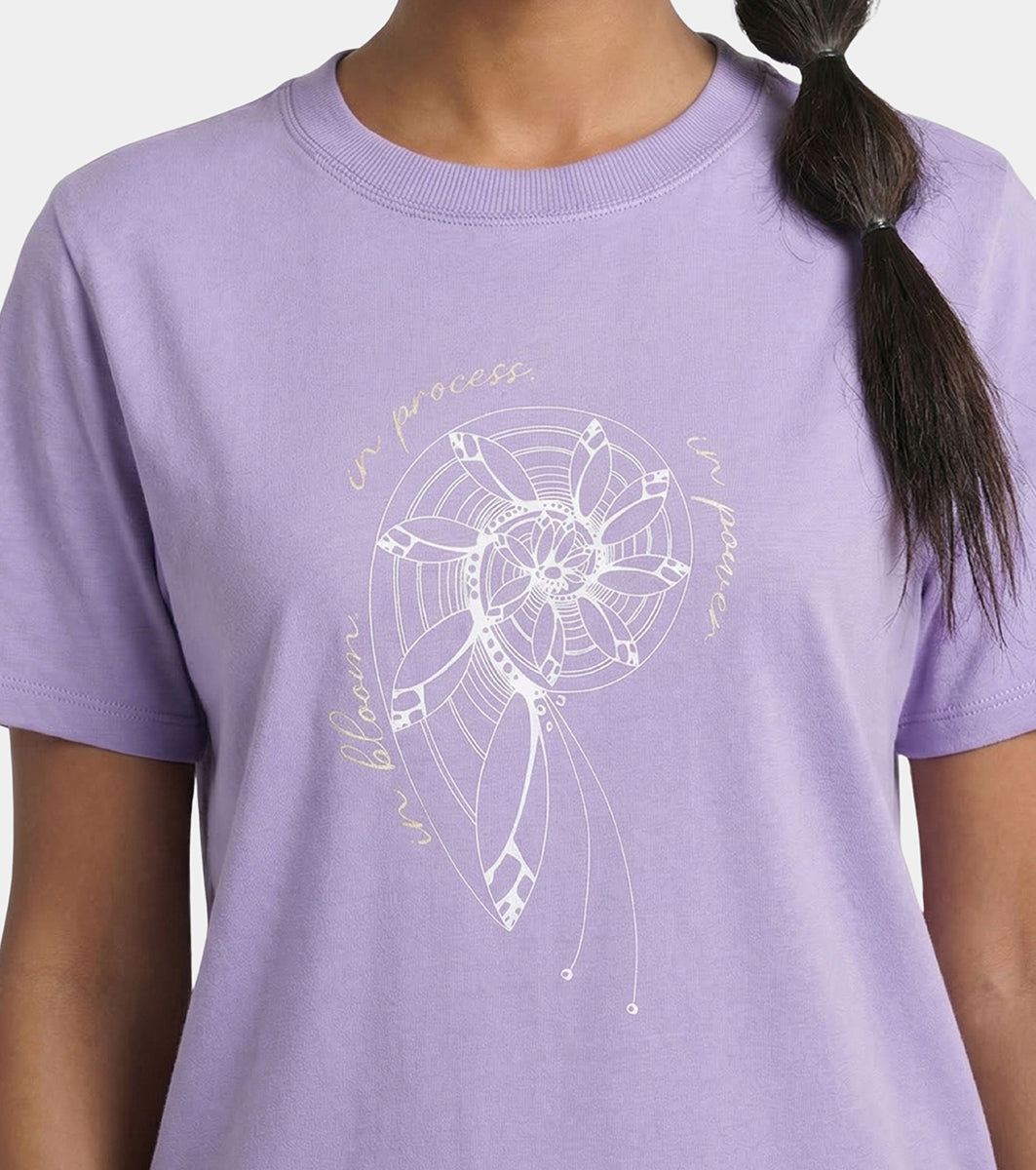 Enamor Short Sleeve Crew Neck Regular Length Cotton Active T-Shirt for Women - Relaxed Fit, Super Soft, Anti-Odour - A301 (Purple Haze/Fibonacci Spiral Graphic)