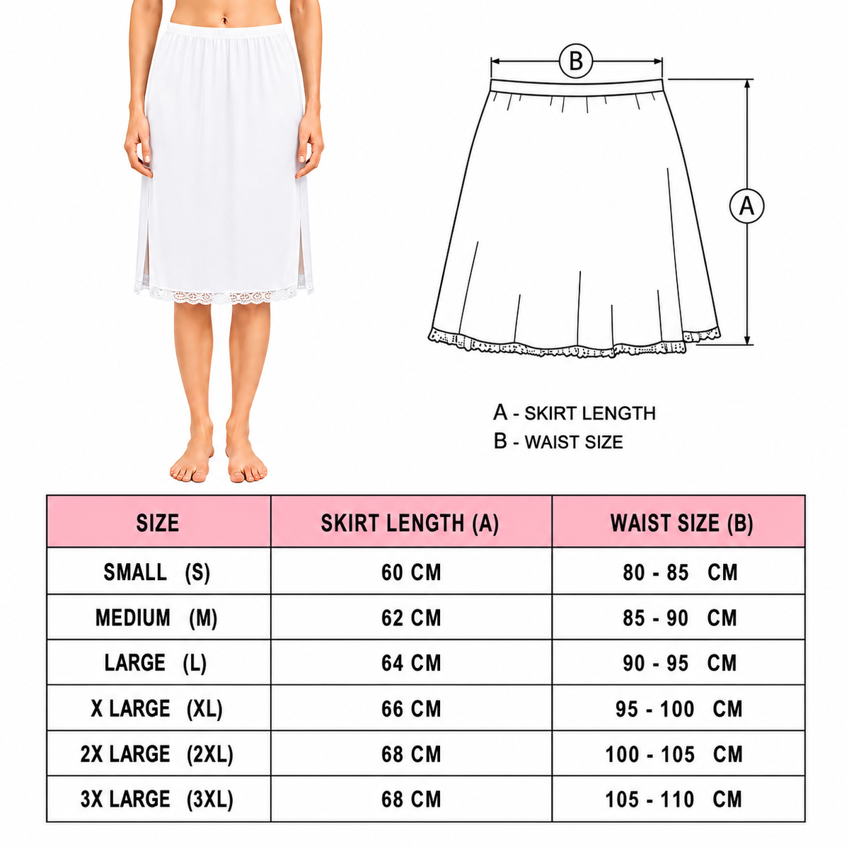 MYBODY Women's Cotton Mini Knee Length Under Skirt Half Slip Cotton Knit Mid Rise Elastic Waistband Side Slits for Movement