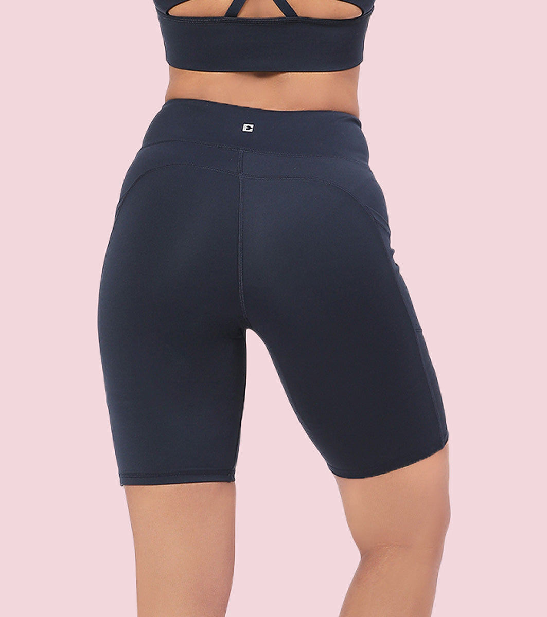 Enamor Knee length High Rise Elasticated Waist Skinny Tights with Pockets For Women - Hugged Fit - A703 (Navy)