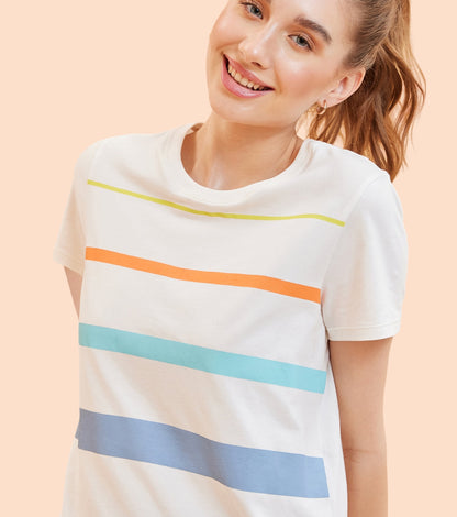 Enamor E3S5 High Low Tee Stripe - Short Sleeve Crew Neck Stretch Cotton Tee with Stylish Stripes