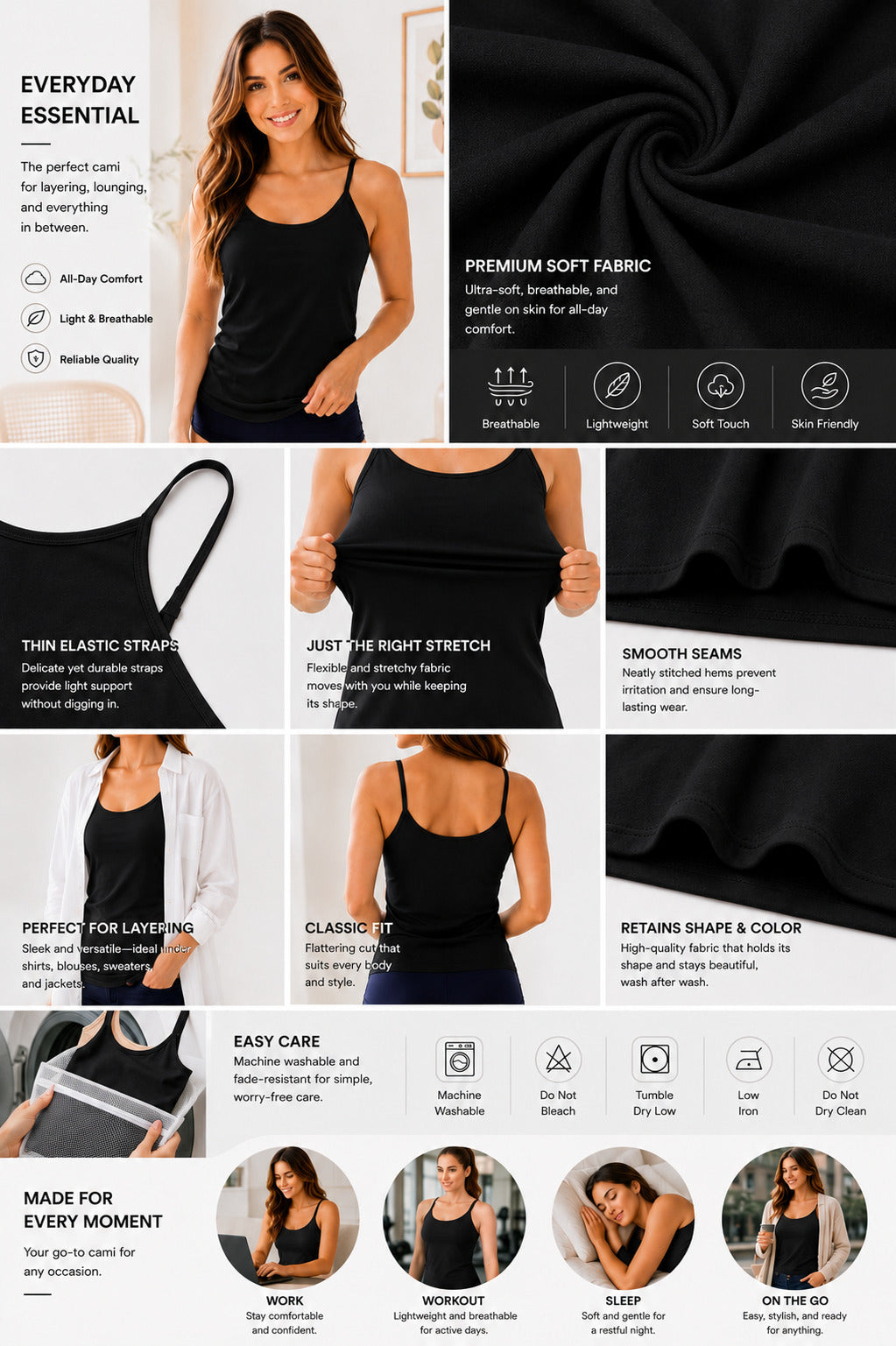 Rose Women’s Cotton Thin Strap Camisole | Soft Breathable Sleeveless Innerwear Tank Top | Stretchable Short Length Cami for Daily Wear