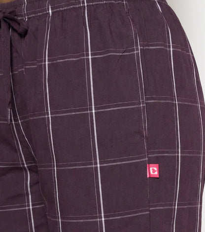 Enamor Mid Rise Full Length Adjustable drawstring Hangout Pant For Women - Relaxed Fit, Combed Cotton - E4A5 (Choco Fudge Checks)