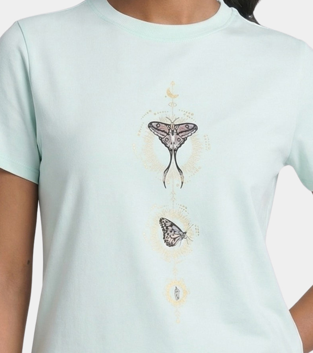 Enamor Short Sleeve Crew Neck Regular Length Cotton Active T-Shirt for Women - Relaxed Fit, Super Soft, Anti-Odour - A301 (Dusty Aqua/Vertical Butterfly Graphic)