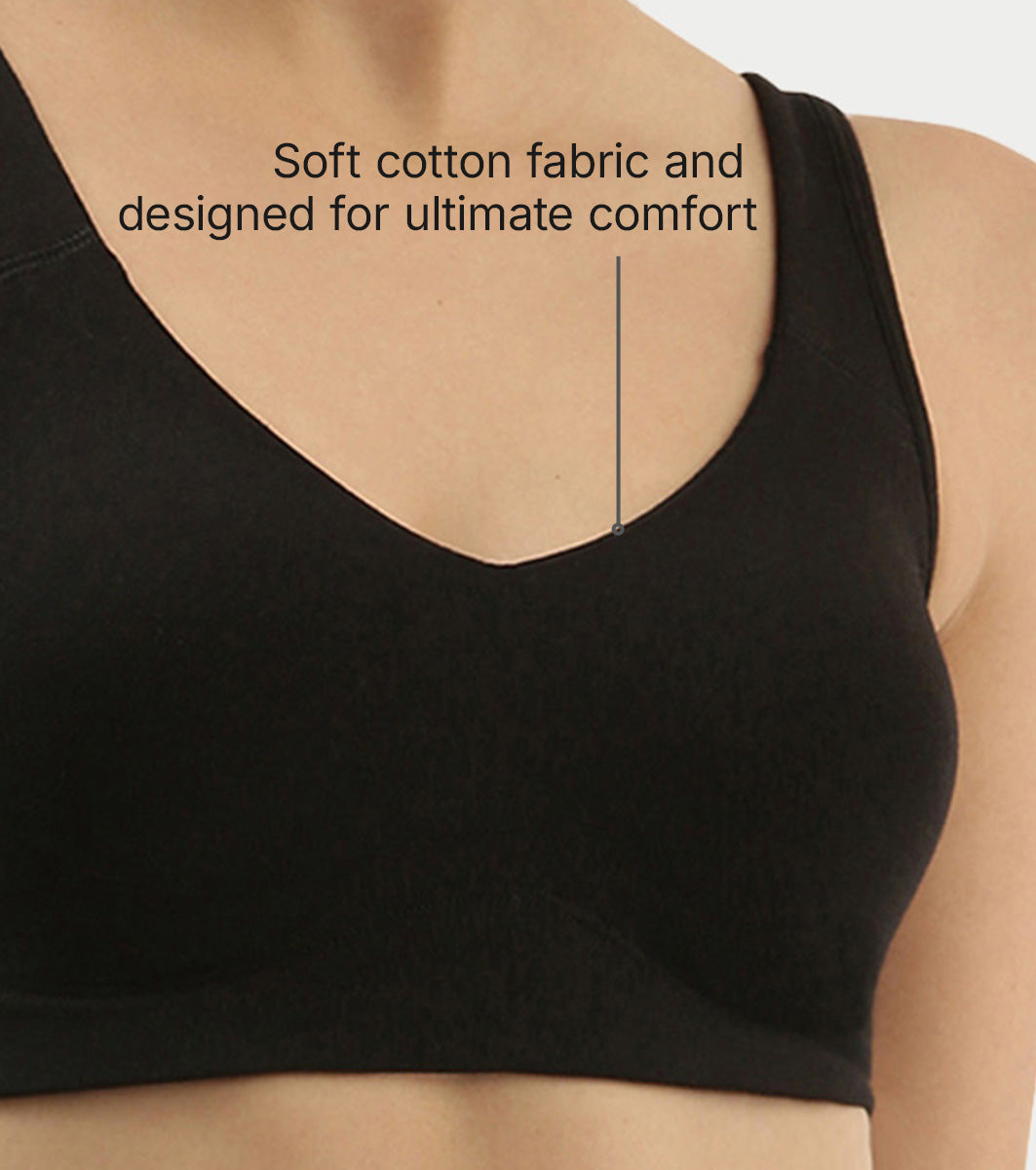 Enamor Easy Slip-On and Back Keyhole Women's Cotton Everyday Beginner's Bra - Padded, Wirefree, Full Coverage - A106 (Black)