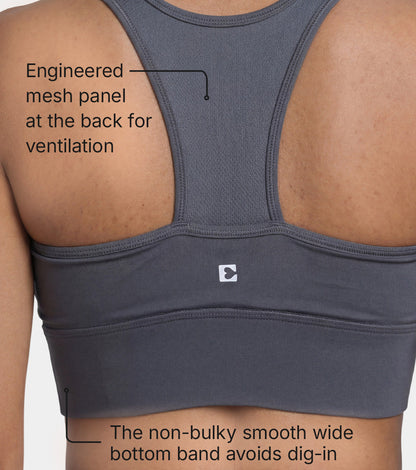 Enamor Wide Straps Seamed T-back Basic Workout Sports Bra - Quick Dry, Antimicrobial, Removable Padding, Non-Wired, Full Coverage - A202 (Turbulence)