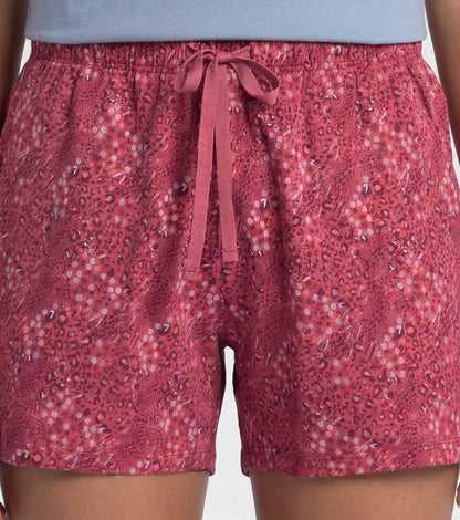 Enamor Drawstring Mid Thigh Length Mid Rise Basic Shorts - Relaxed Fit, Super Soft Cotton - E062 (Pink Animal Print)