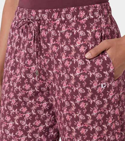 Enamor Mid Rise 7/8th length Drawstring Closure Shop In Pants for Women - Relaxed Fit, Soft & drapey 4-way stretch - E048 (Maroon Ethnic Print)