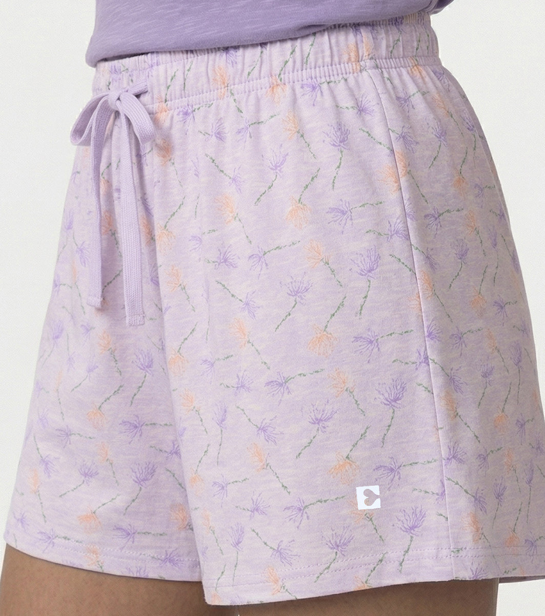 Enamor Drawstring Mid Thigh Length Mid Rise Basic Shorts - Relaxed Fit, Super Soft Cotton - E062 (Dot Texture Flower Print)