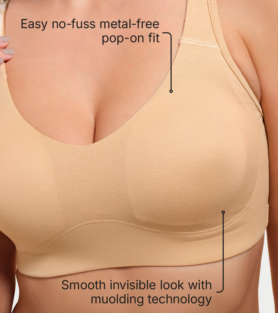 Enamor Easy Slip-On and Back Keyhole Women's Cotton Everyday Beginner's Bra - Padded, Wirefree, Full Coverage - A106 (Skin)