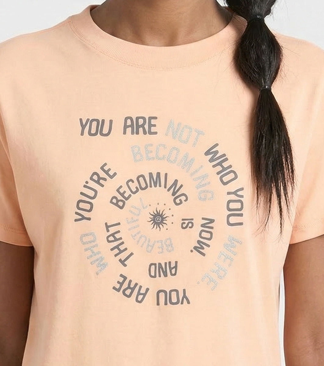 Enamor Short Sleeve Crew Neck Regular Length Cotton Active T-Shirt for Women - Relaxed Fit, Super Soft, Anti-Odour - A301 (Coral Sands/Spiral Graphic)