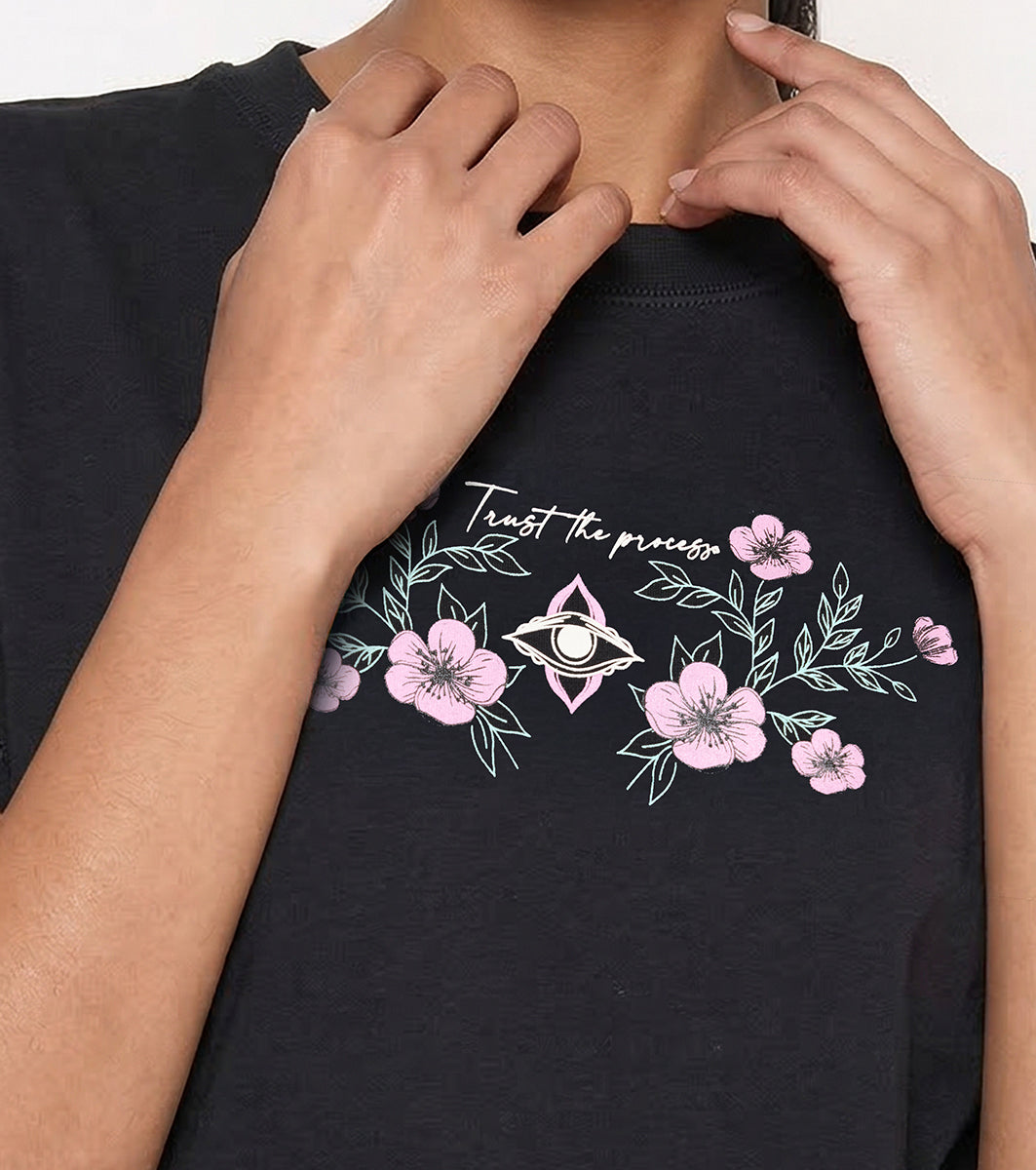 Enamor Short Sleeve Crew Neck Regular Length Cotton Active T-Shirt for Women - Relaxed Fit, Super Soft, Anti-Odour - A301 (Jet Black/Trust The Process Graphic)