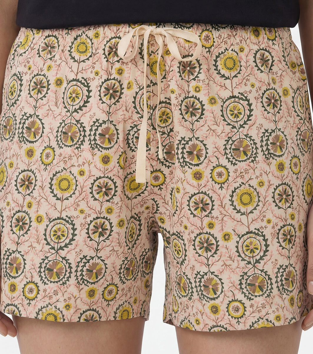 Enamor Drawstring Mid Thigh Length Mid Rise Basic Shorts - Relaxed Fit, Super Soft Cotton - E062 (Moroccan Print)