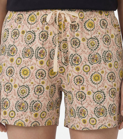 Enamor Drawstring Mid Thigh Length Mid Rise Basic Shorts - Relaxed Fit, Super Soft Cotton - E062 (Moroccan Print)