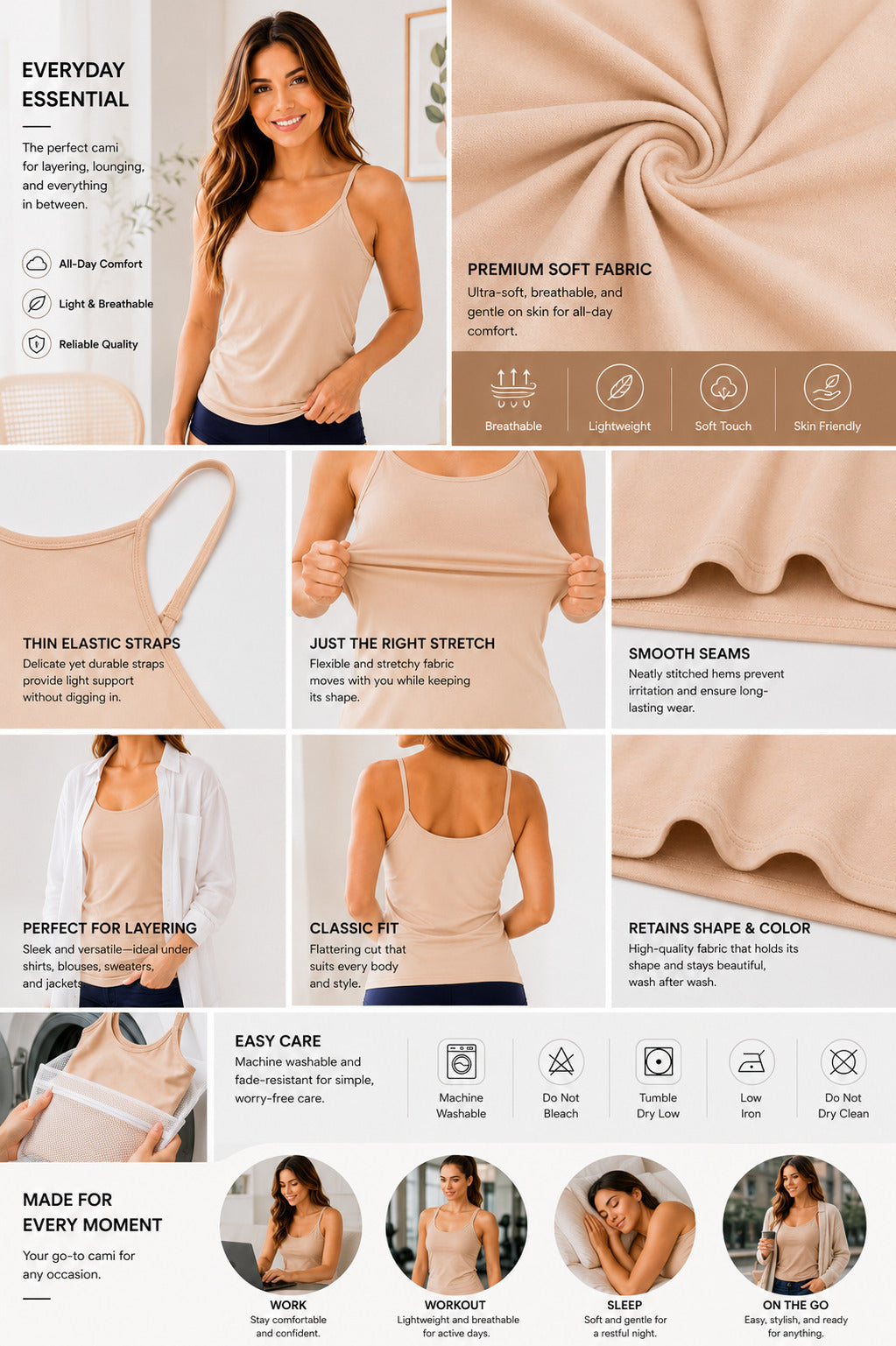 Rose Women’s Cotton Thin Strap Camisole | Soft Breathable Sleeveless Innerwear Tank Top | Stretchable Short Length Cami for Daily Wear