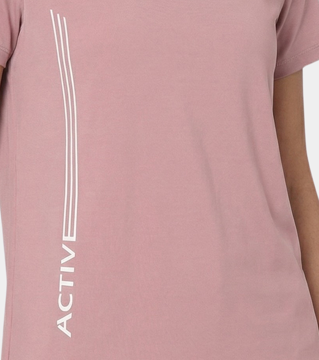 Enamor Short Sleeve Crew Neck Regular Length Basic Dry Fit Workout Crew T-Shirt for Women - Relaxed Fit, Quick Dry, Antimicrobial - A309 (Twilight Mauve Active Reflective Graphic)