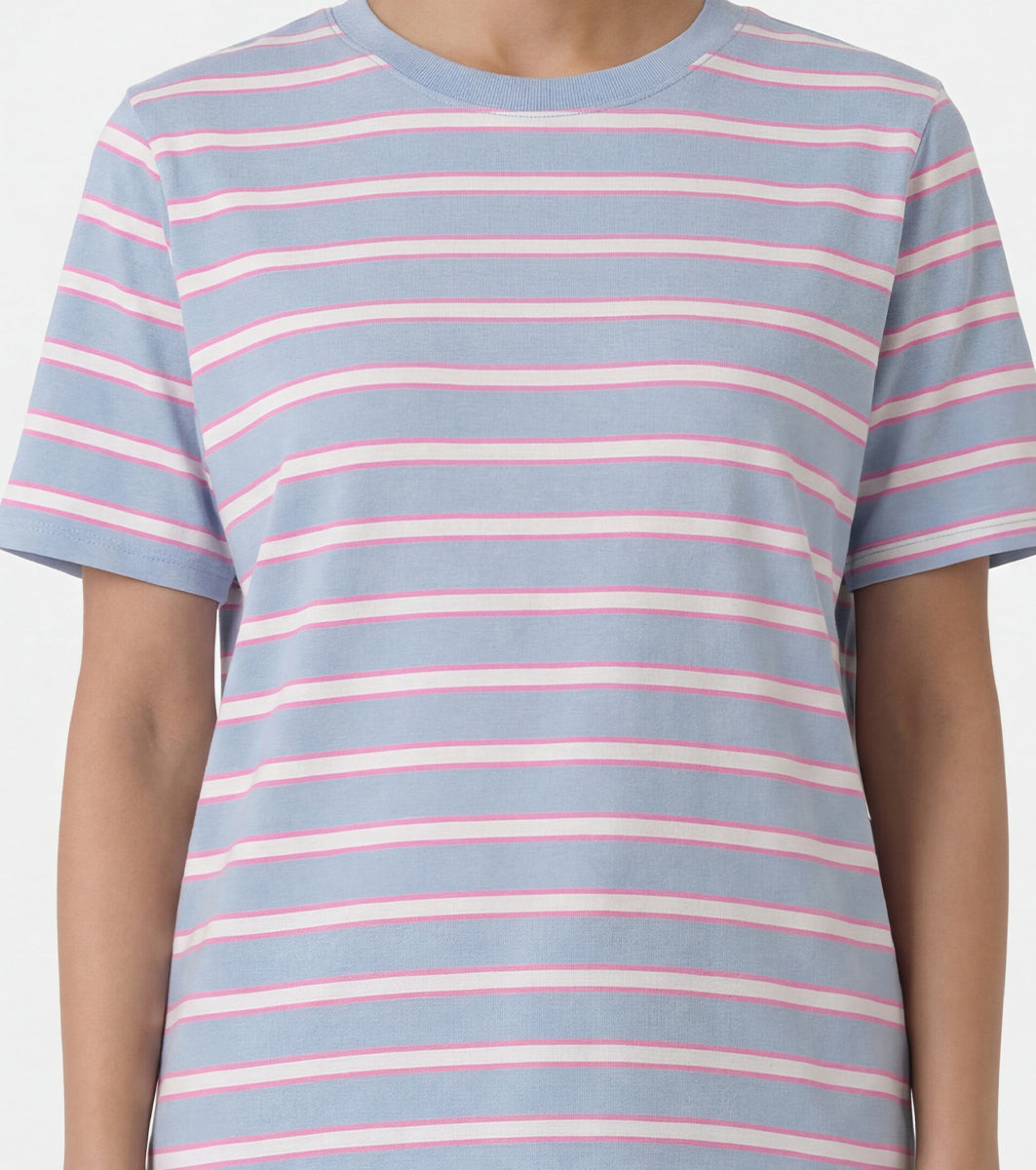 Enamor Short Sleeve Crew Neck Regular Length High Low Striped T-Shirt For Women- Relaxed Fit, Soft and Breathable Stretch Cotton - E3S5 (Dusty Blue)