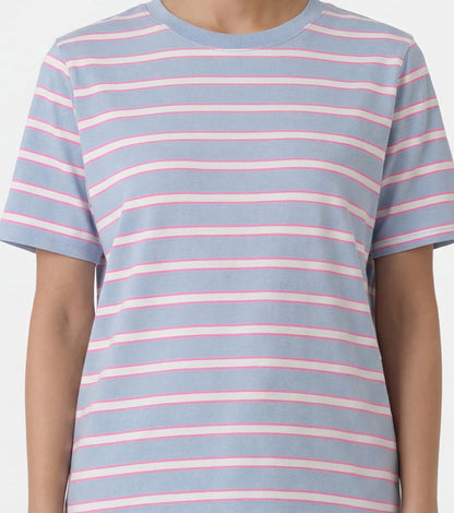 Enamor Short Sleeve Crew Neck Regular Length High Low Striped T-Shirt For Women- Relaxed Fit, Soft and Breathable Stretch Cotton - E3S5 (Dusty Blue)