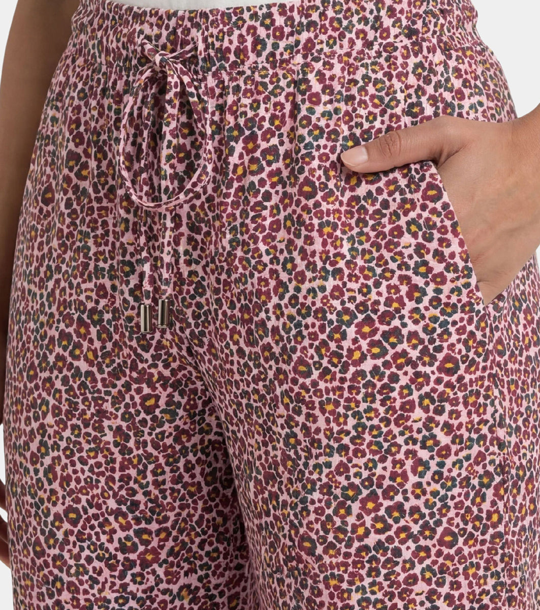 Enamor Mid Rise 7/8th length Drawstring Closure Shop In Pants for Women - Relaxed Fit, Soft & drapey 4-way stretch - E048 (Pink Abstract Animal Print)
