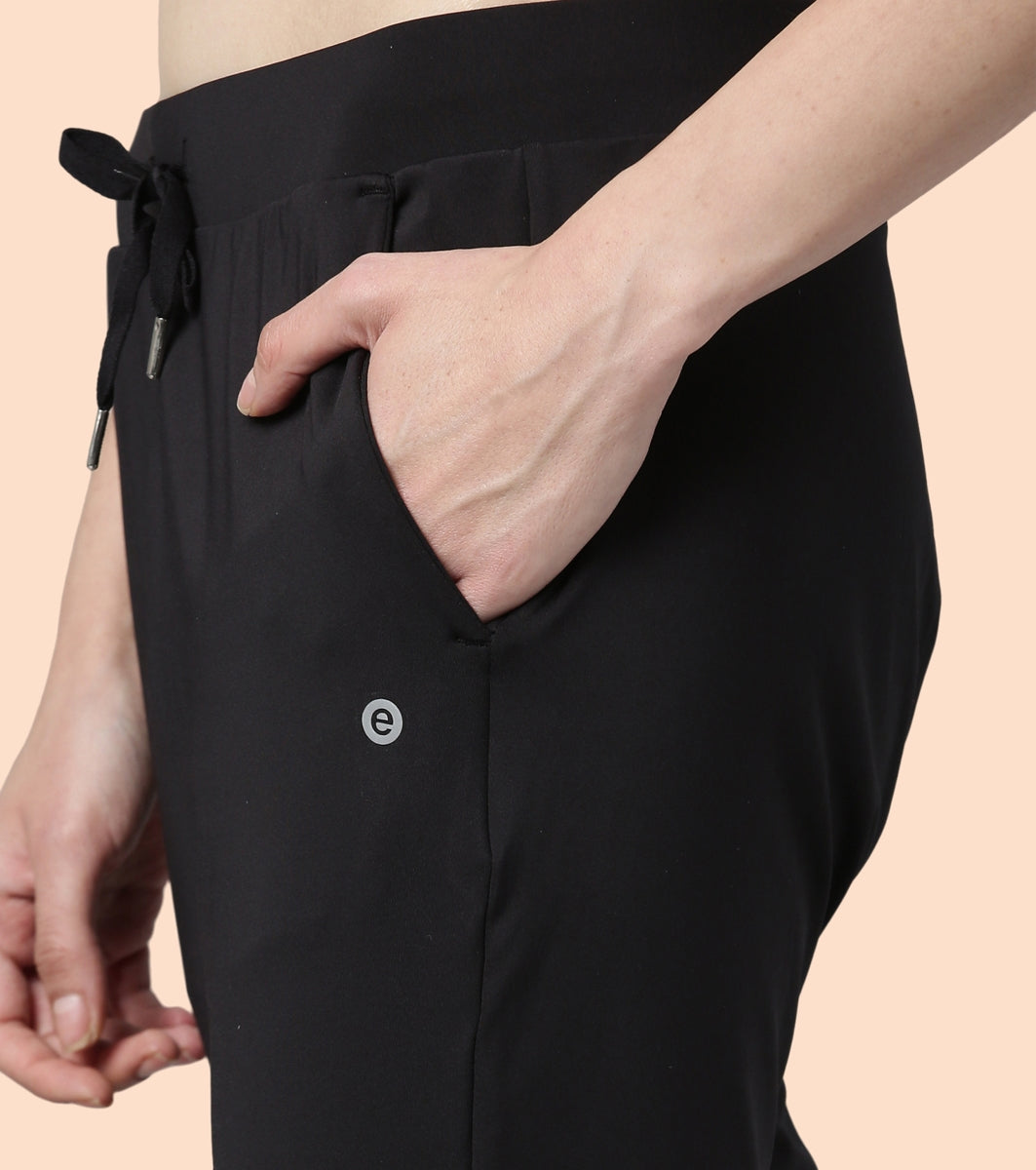 Enamor Mid Rise 7/8th length Drawstring Closure Travel Pants For Women - Relaxed Fit, Quick Dry, Antimicrobial - E068 (Jet Black)
