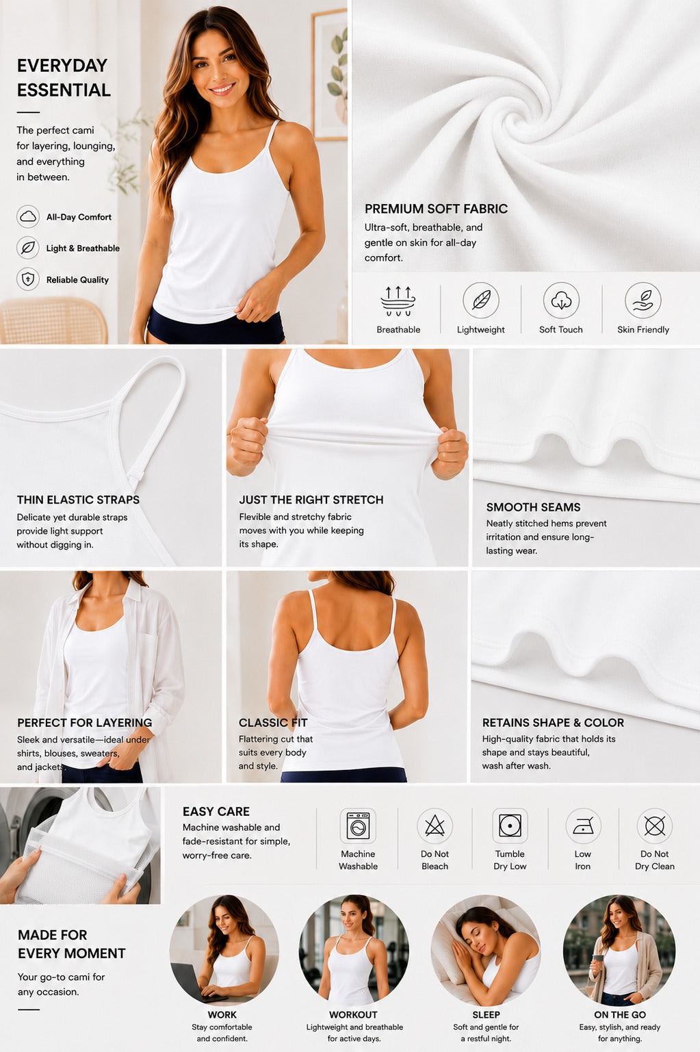 Rose Women’s Cotton Thin Strap Camisole | Soft Breathable Sleeveless Innerwear Tank Top | Stretchable Short Length Cami for Daily Wear
