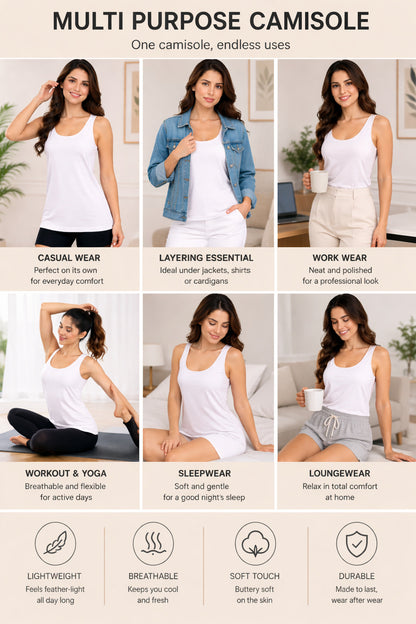 Sania Women’s Cotton Broad Strap Camisole | Soft Breathable Sleeveless Innerwear Tank Top | Stretchable Short Length Camisole for Daily Wear