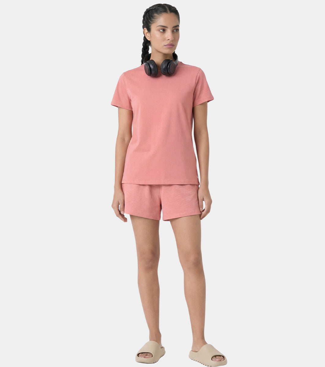 Enamor Pull on Short Sleeve Crew Neck Regular Length Cotton Comfort T-Shirt For Women - Relaxed Fit - E311 (Desert Sand)