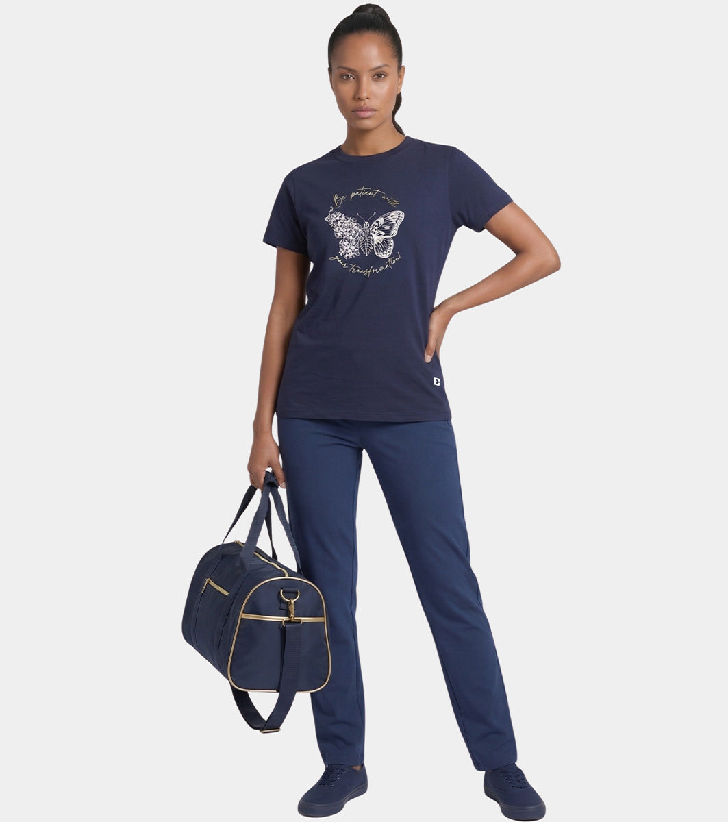 Enamor Short Sleeve Crew Neck Regular Length Cotton Active T-Shirt for Women - Relaxed Fit, Super Soft, Anti-Odour - A301 (Navy/Transformation Graphic)