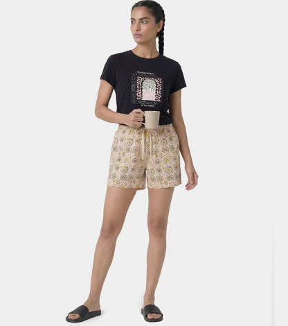 Enamor Drawstring Mid Thigh Length Mid Rise Basic Shorts - Relaxed Fit, Super Soft Cotton - E062 (Moroccan Print)