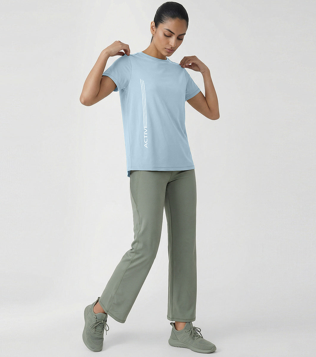 Enamor Short Sleeve Crew Neck Regular Length Basic Dry Fit Workout Crew T-Shirt for Women - Relaxed Fit, Quick Dry, Antimicrobial - A309 (Winter Sky Active Reflective Graphic)