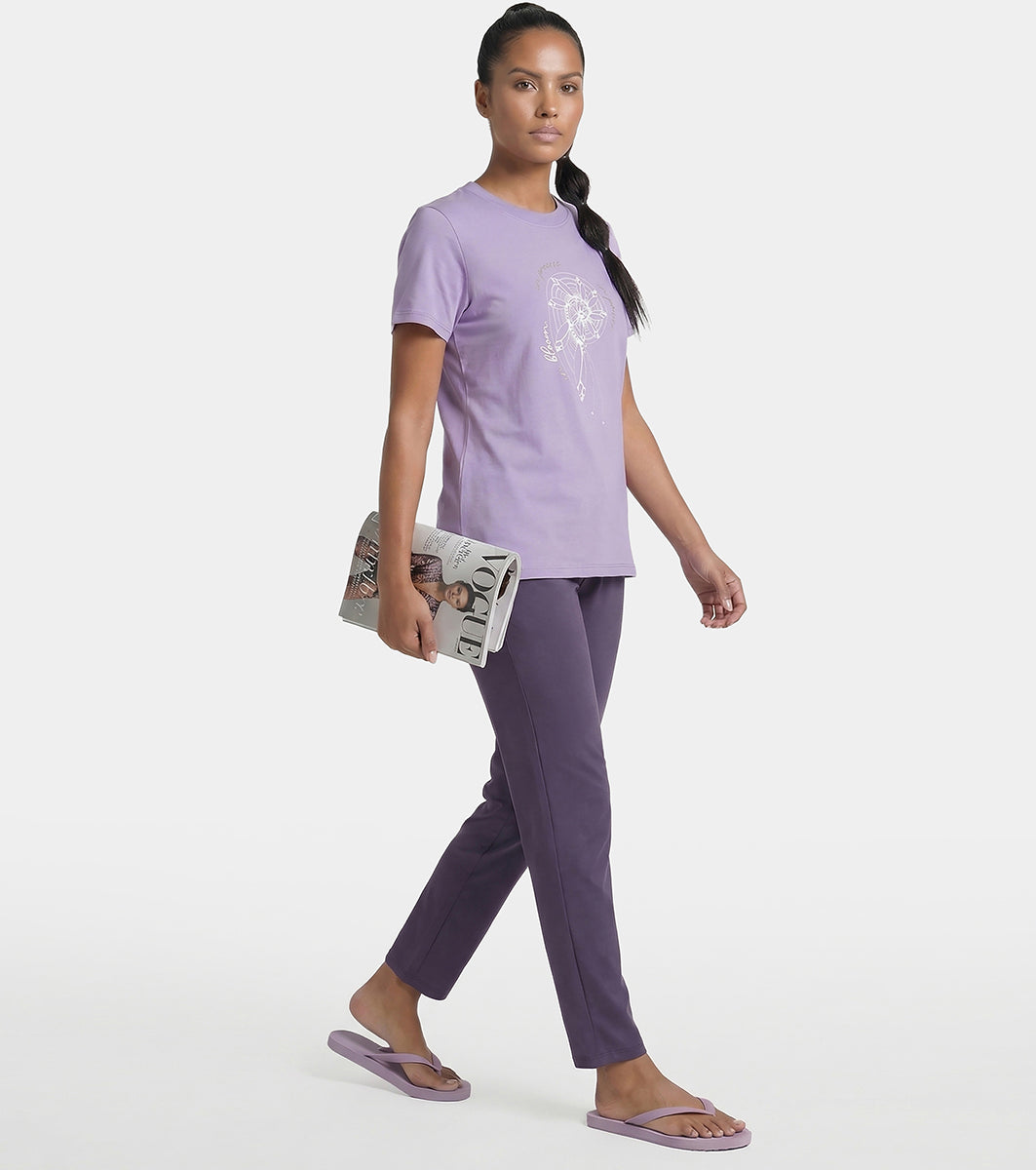 Enamor Short Sleeve Crew Neck Regular Length Cotton Active T-Shirt for Women - Relaxed Fit, Super Soft, Anti-Odour - A301 (Purple Haze/Fibonacci Spiral Graphic)