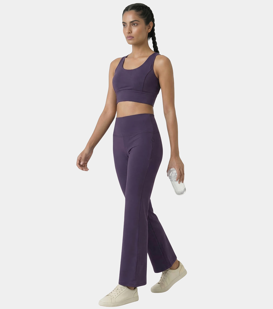 Enamor Fav Flare Pants – Butter-soft dry-fit, high-rise support & sleek flared style -A407 (Purple Velvet)