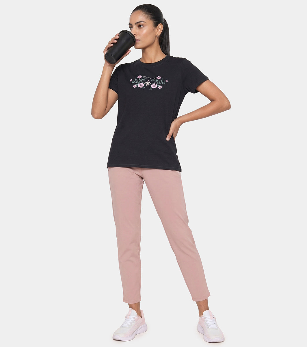 Enamor Short Sleeve Crew Neck Regular Length Cotton Active T-Shirt for Women - Relaxed Fit, Super Soft, Anti-Odour - A301 (Jet Black/Trust The Process Graphic)