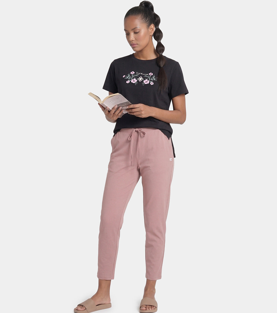Enamor Mid Rise 7/8th length Drawstring Closure Travel Pants For Women - Relaxed Fit, Quick Dry, Antimicrobial - E068 (Twilight Mauve)