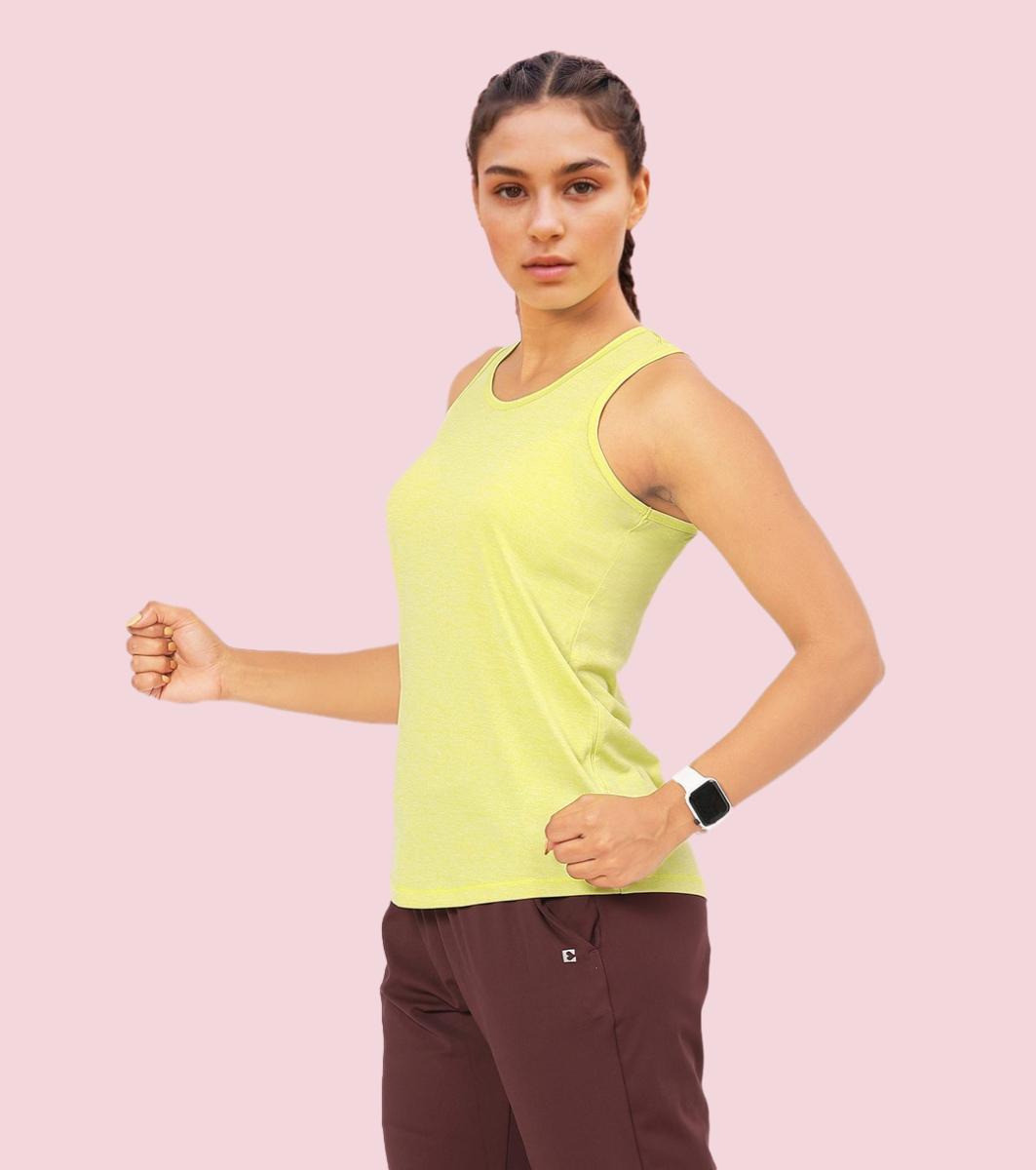 Enamor Sleeveless Round Neck Regular Length Tank T-Shirt - Slim Fit, Quick Dry, Antimicrobial - A308 (Cyber Lime Mel)