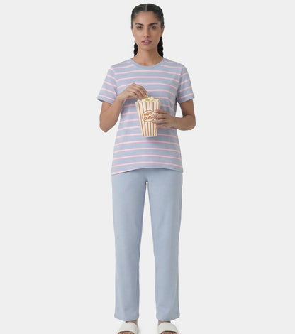 Enamor Short Sleeve Crew Neck Regular Length High Low Striped T-Shirt For Women- Relaxed Fit, Soft and Breathable Stretch Cotton - E3S5 (Dusty Blue)