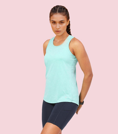 Enamor Sleeveless Round Neck Regular Length Tank T-Shirt - Slim Fit, Quick Dry, Antimicrobial - A308 (Pool Blue Mel)