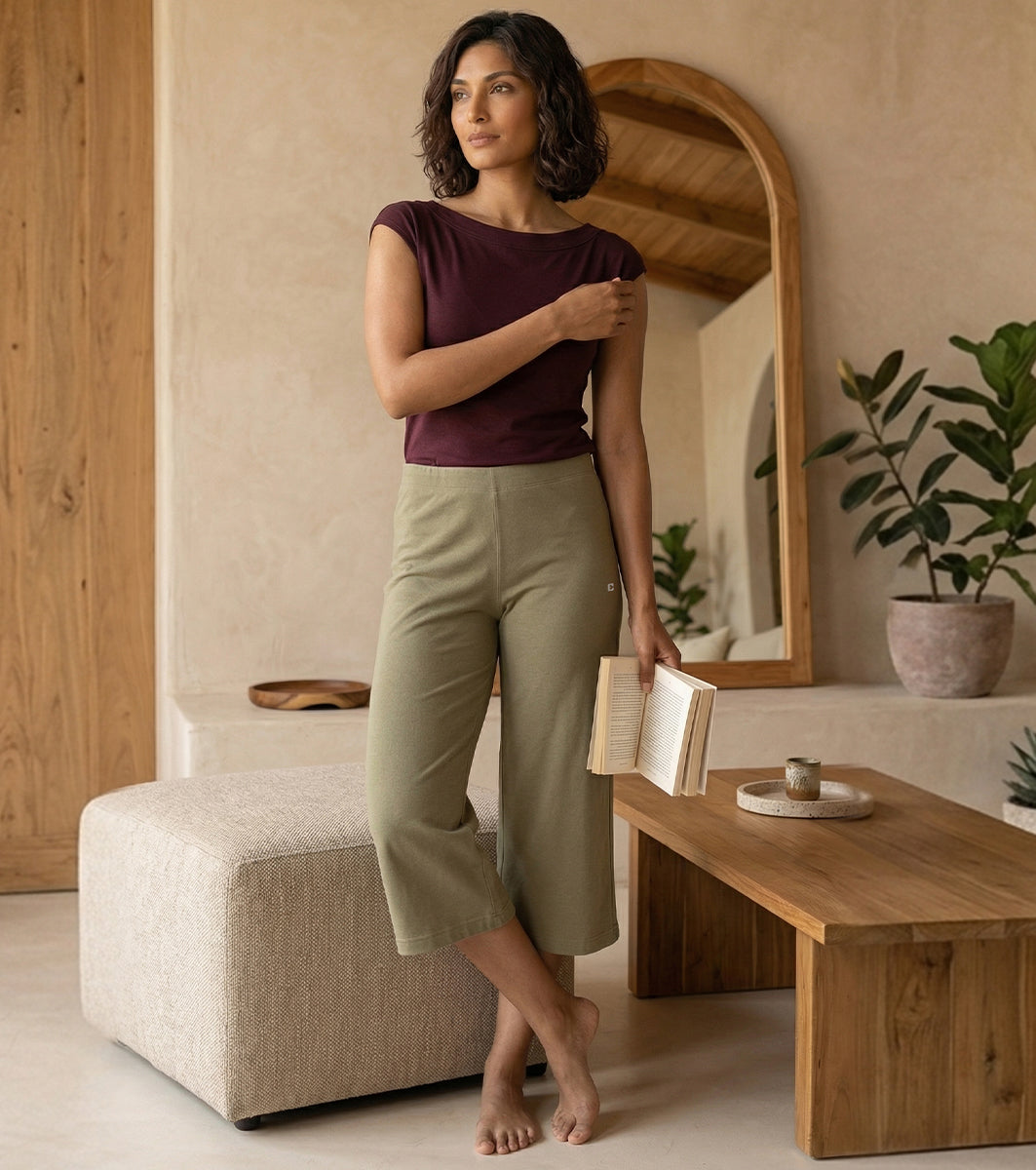 Enamor Mid Rise Crop length Slip on Shop In Culotte For Women - Relaxed Fit, Super Soft - E064 (Deep Lichen Green)